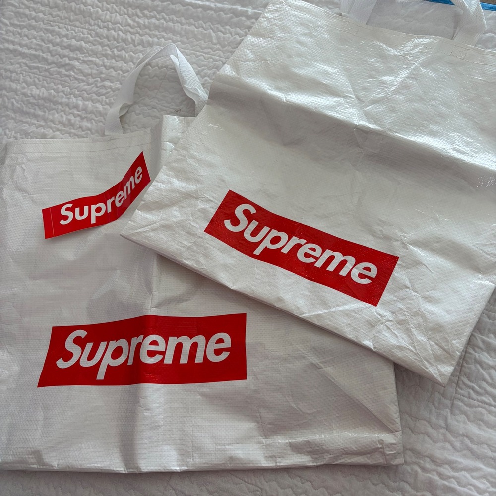 Supreme Reusable Shopping Tote Bag Set of 2 with Red Box Logo Sticker White
